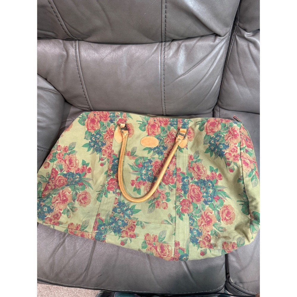 Vintage Gap Floral‎ Canvas Duffle Bag Rose Print Leather Trim Weekender Sage 90s